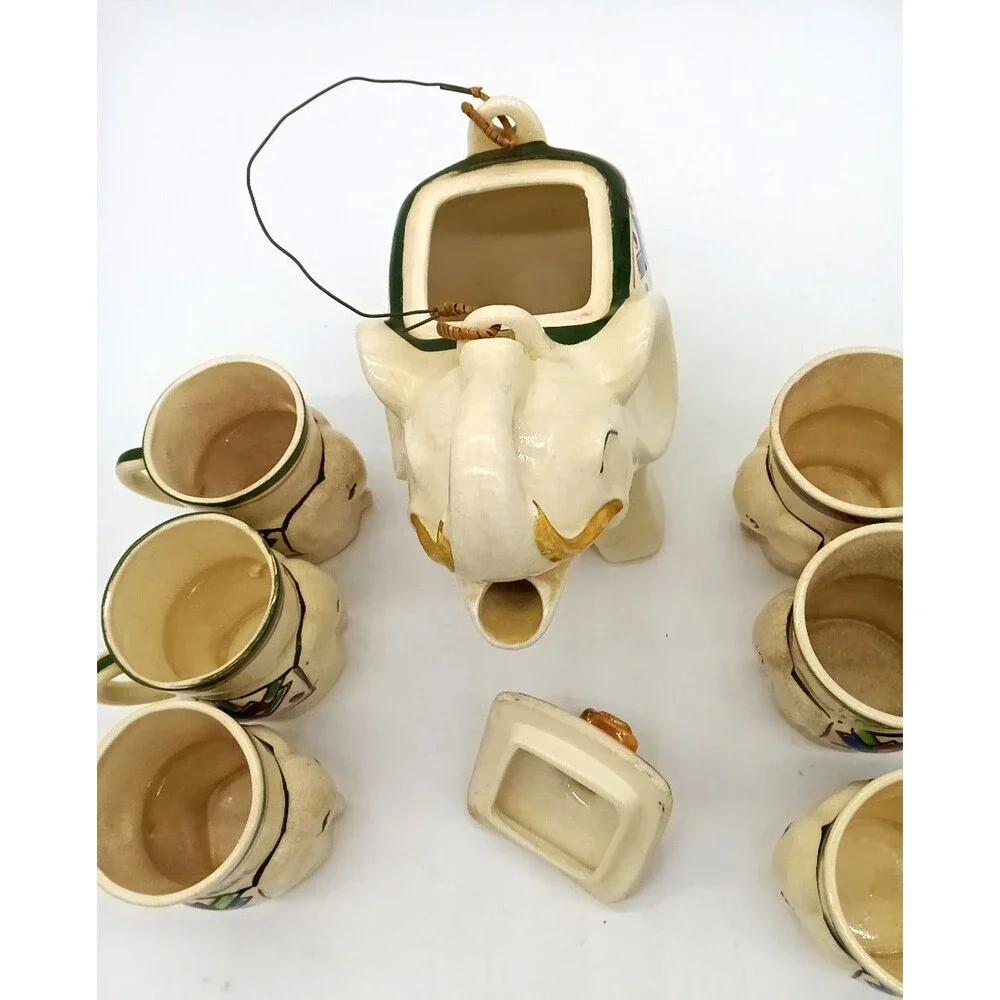 Vintage Japan Porcelain Elephant Hand Painted Pagota Teapot with 6 Matching Cups